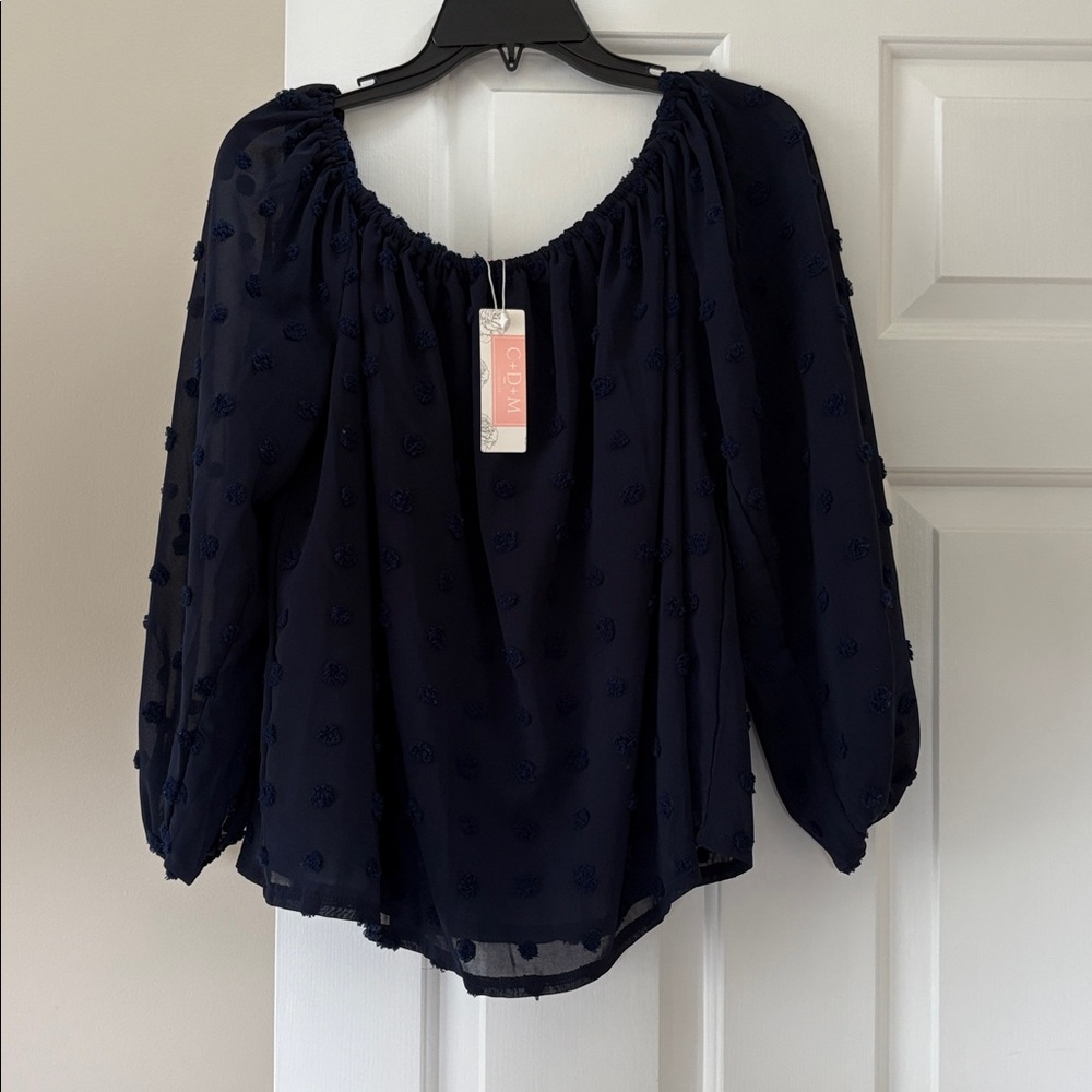 Navy Blue Sheer Blouse with Textured Dots